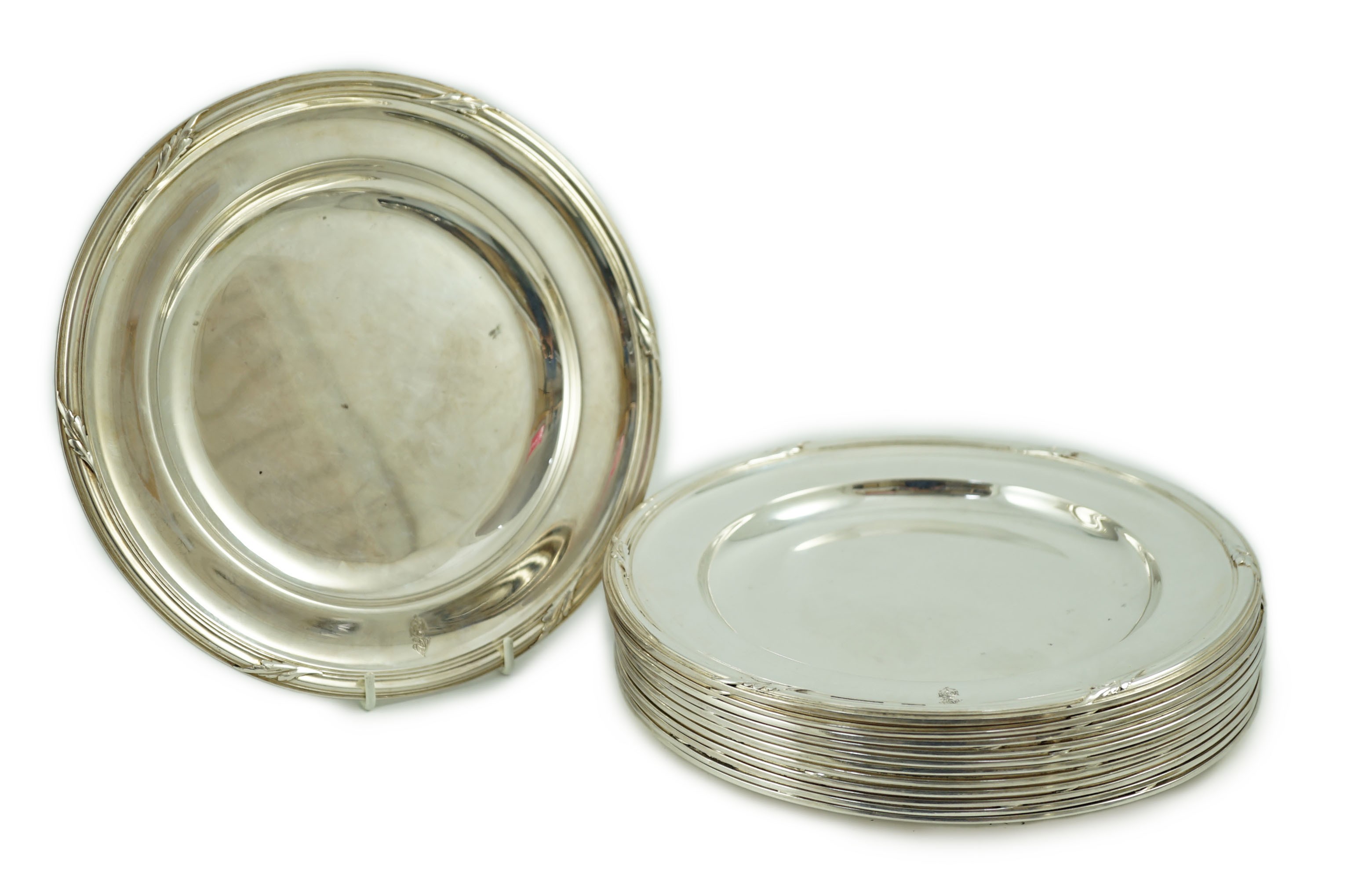 A set of late 19th/early 20th century twelve French 950 standard silver dinner plates by Gustave Keller, Paris